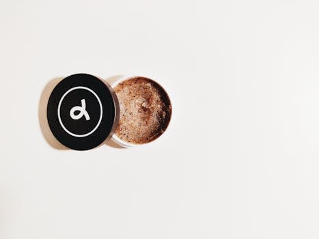 A minimalist photograph showcasing an open jar of coffee scrub on a clean white backdrop.