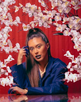 Woman posing with orchids, wearing a blue blazer against a red floral background.