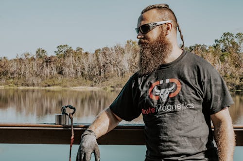 Close-Up Shot of a Bearded Man in Black Shirt Wearing Sunglasses