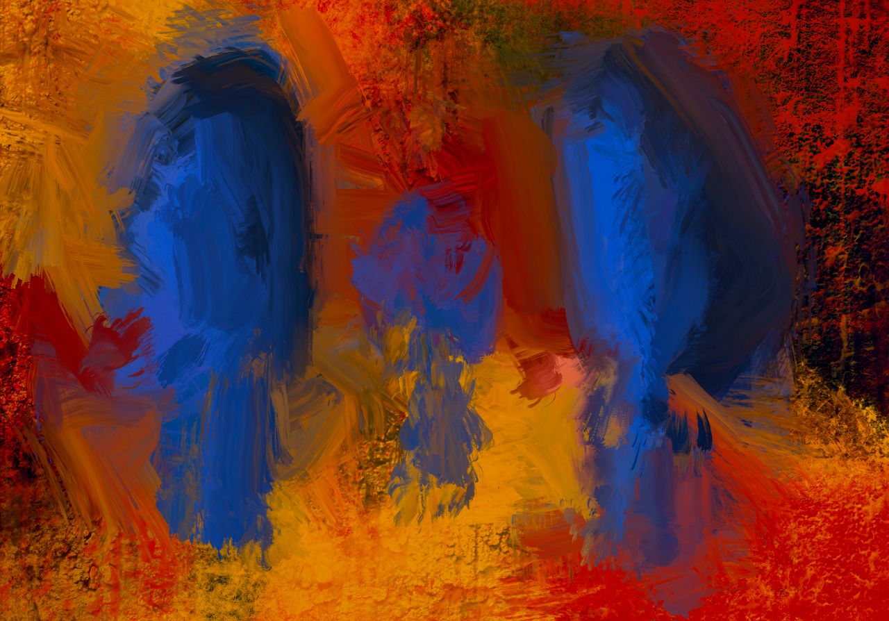 a dynamic and colorful abstract painting featuring bold blue and fiery