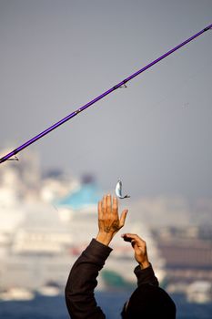 A vivid shot of a fishing rod and hands casting a small fish by a busy harbor.