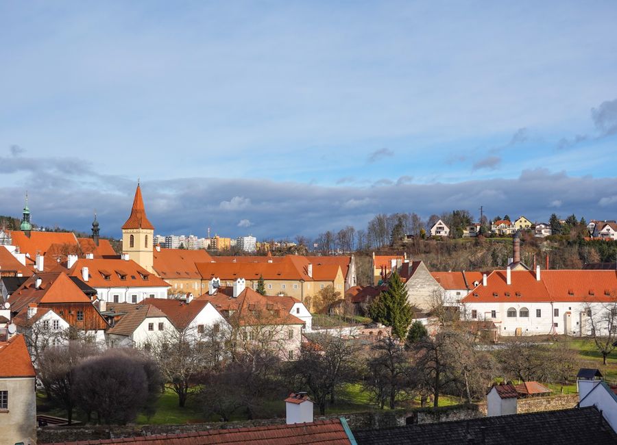 Picturesque view of Cesky Krumlov townscape with red rooftops and historic architecture under a blue sky.