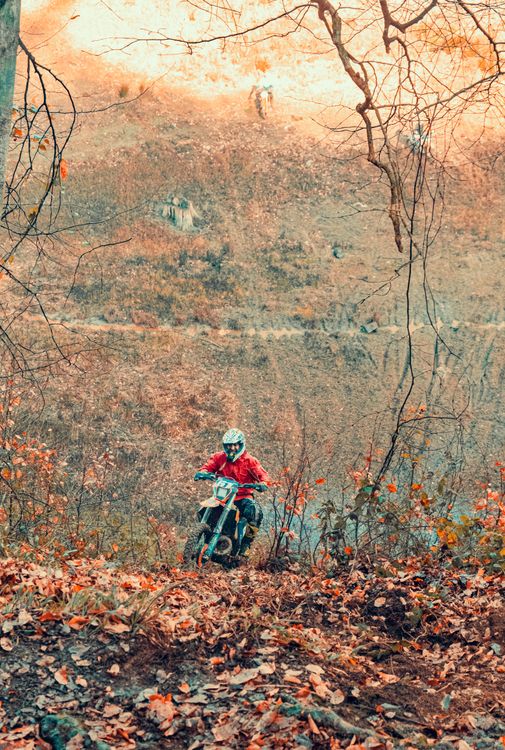 Moto trail aventure traversant une forêt en off-road