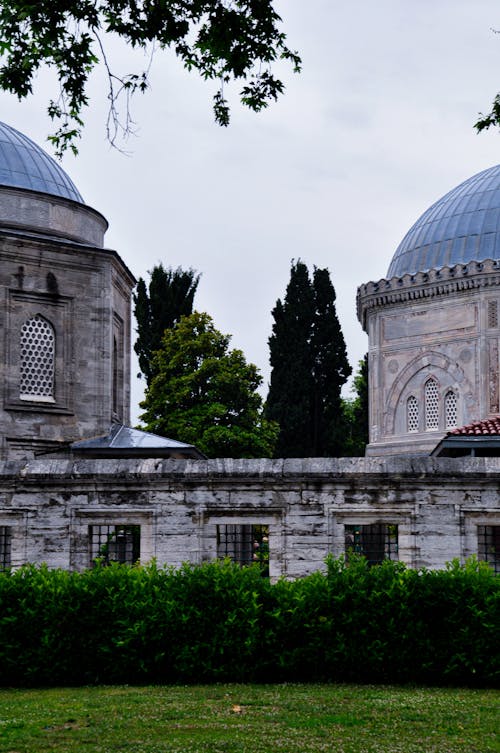Domes of Mausoleum of Sultan Suleyman the Magnificent seen from Park in Istanbul, Turkey
