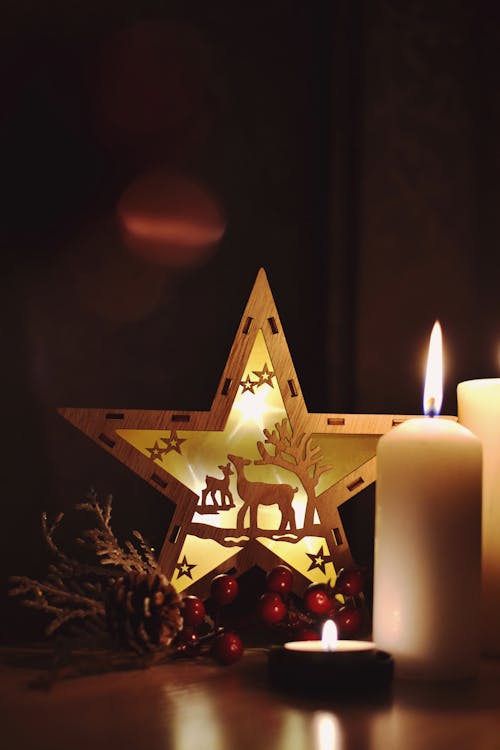 Lighted Candles Beside Christmas Decorations 