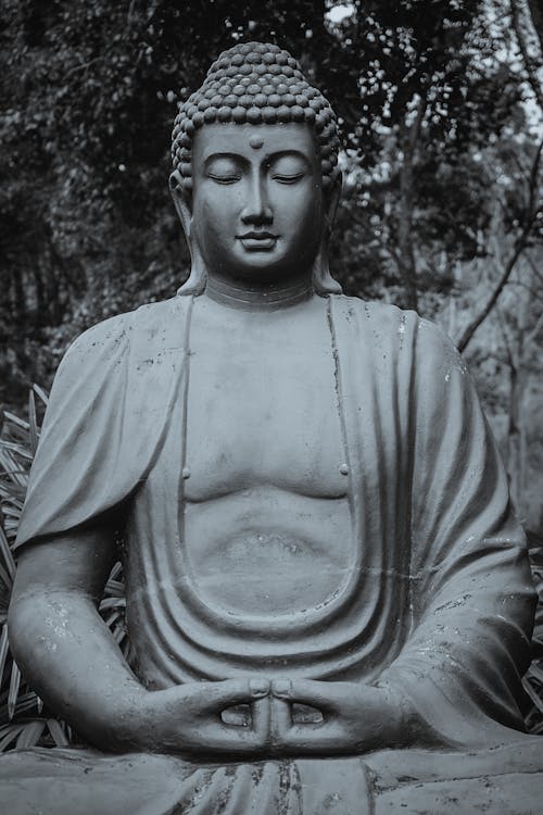 Buddha Statue in Grayscale Photography