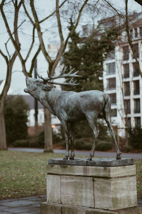 Free A striking bronze stag sculpture set amidst a city park, showcasing urban serenity. Stock Photo