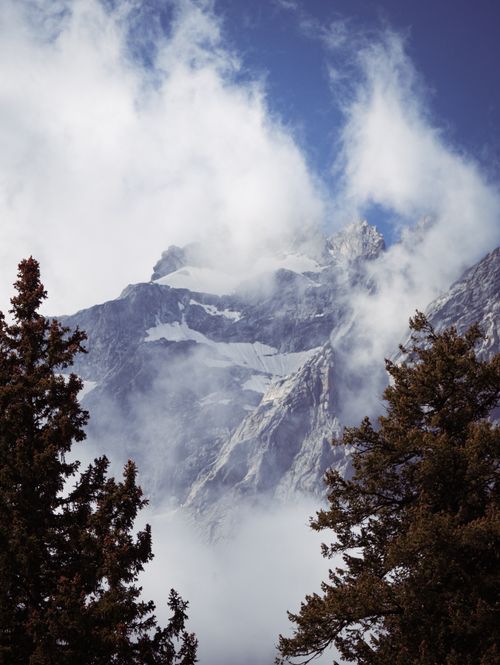 Free Stunning view of a snow-covered mountain peak surrounded by clouds and evergreen trees. Stock Photo