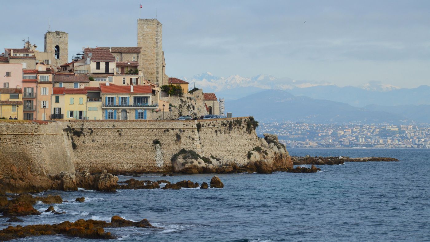 Antibes old town and its sea walls above the Mediterranean