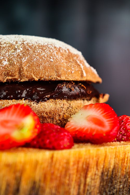 Close-up of a Puff Pastry with Chocolate and Strawberries