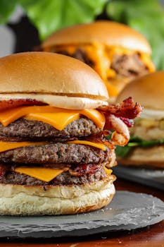 Juicy stacked cheeseburger with bacon, cheese, and fresh bun, showcasing mouth-watering fast food delight.