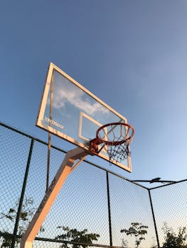 Low angle view of a basketball hoop on an outdoor court in Ankara during a clear summer day.