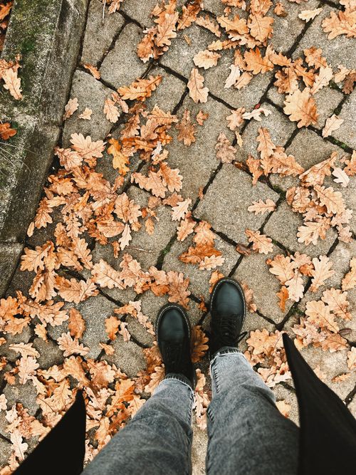 Free Feet on cobblestone path covered with autumn leaves in Italy. Stock Photo