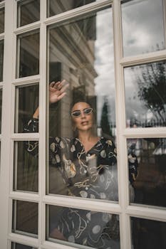 Fashionable woman poses behind glass in luxurious İstanbul hotel for an editorial shoot.