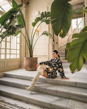 A fashionable woman in chic attire poses in a luxurious Istanbul hotel lobby.