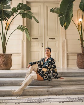 Elegant fashion portrait of a woman in a luxurious hotel lobby in İstanbul.