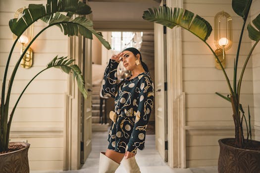 Stylish woman posing indoors in fashionable outfit, modern chic setting.