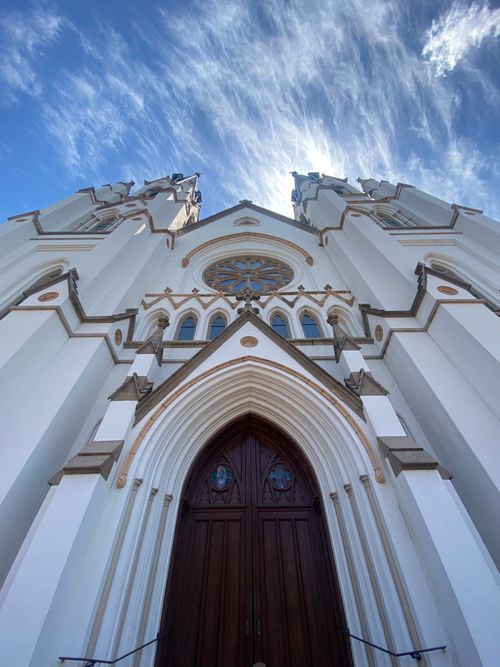 Free Captivating low angle shot of a Neo-Gothic church exterior in Savannah, Georgia. Stock Photo