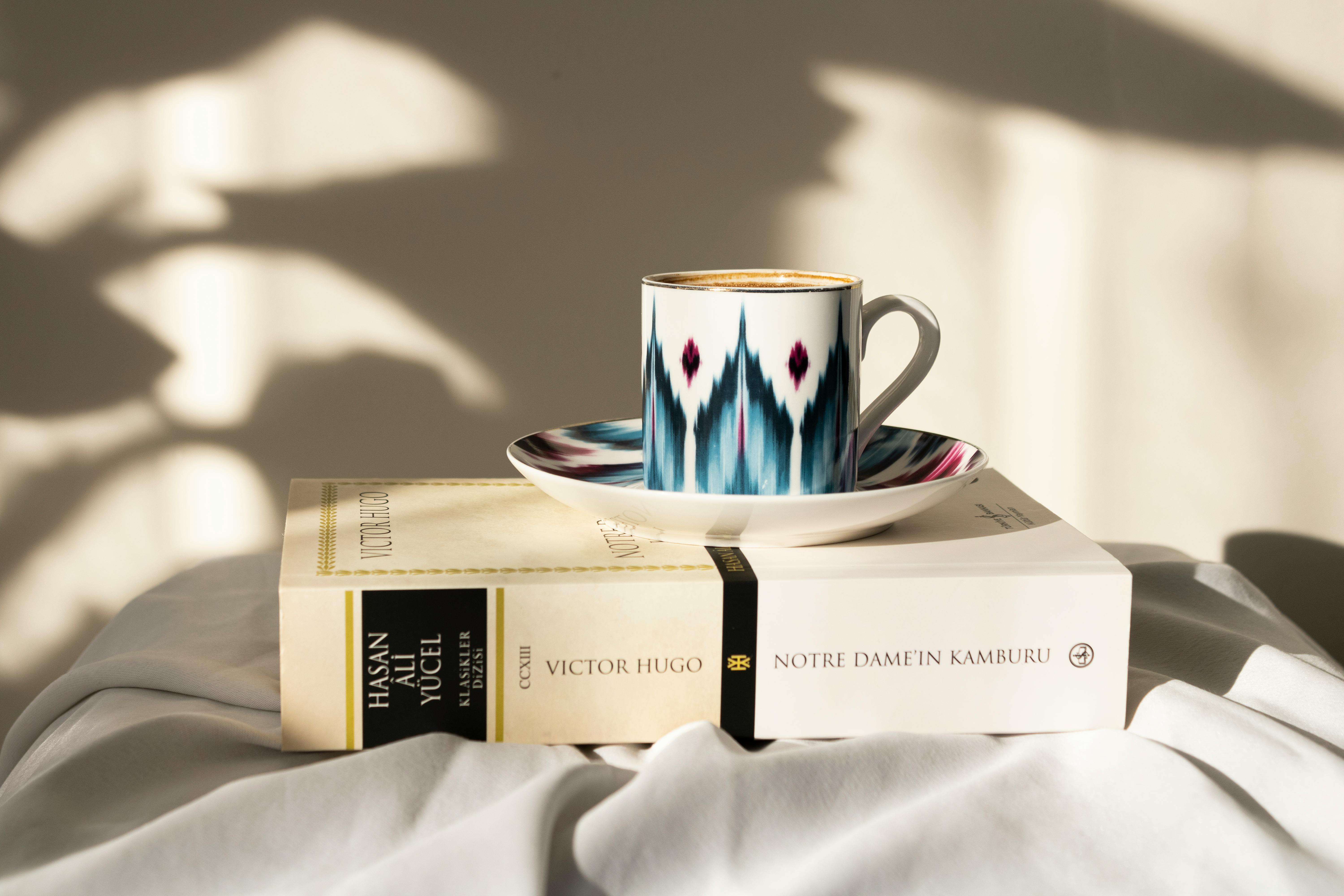 Stylish coffee mug on Victor Hugo's book, capturing elegance and tranquility in warm light.