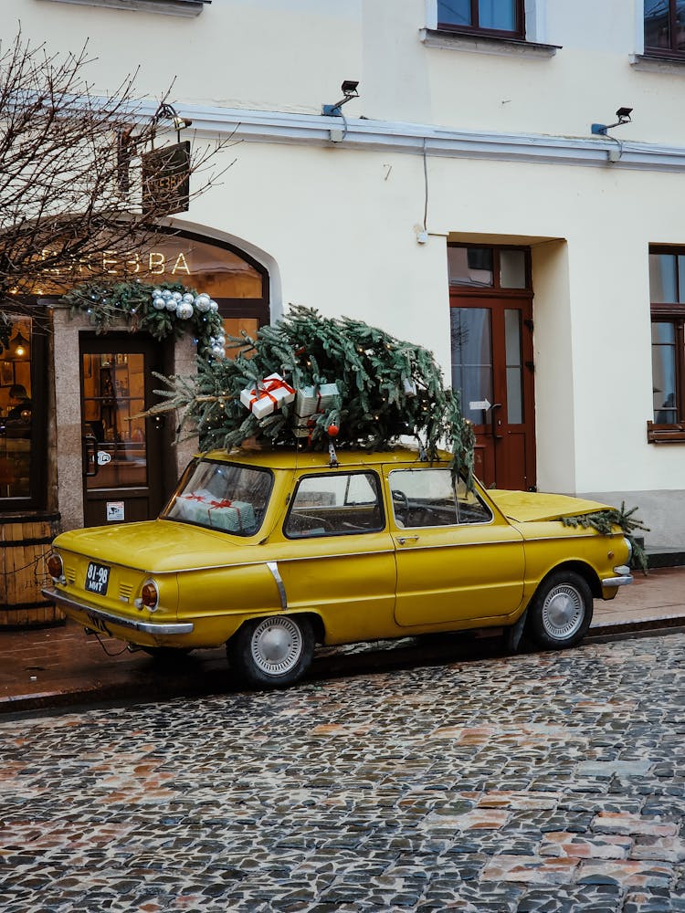 Yellow Car With Flowers And Gifts