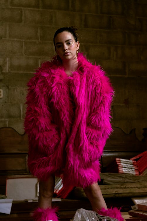 Young Woman in Pink Fur Coat