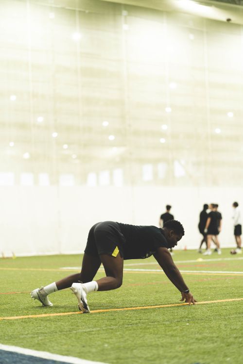 Free An athlete in a race start position on an indoor sports field with teammates in background. Stock Photo