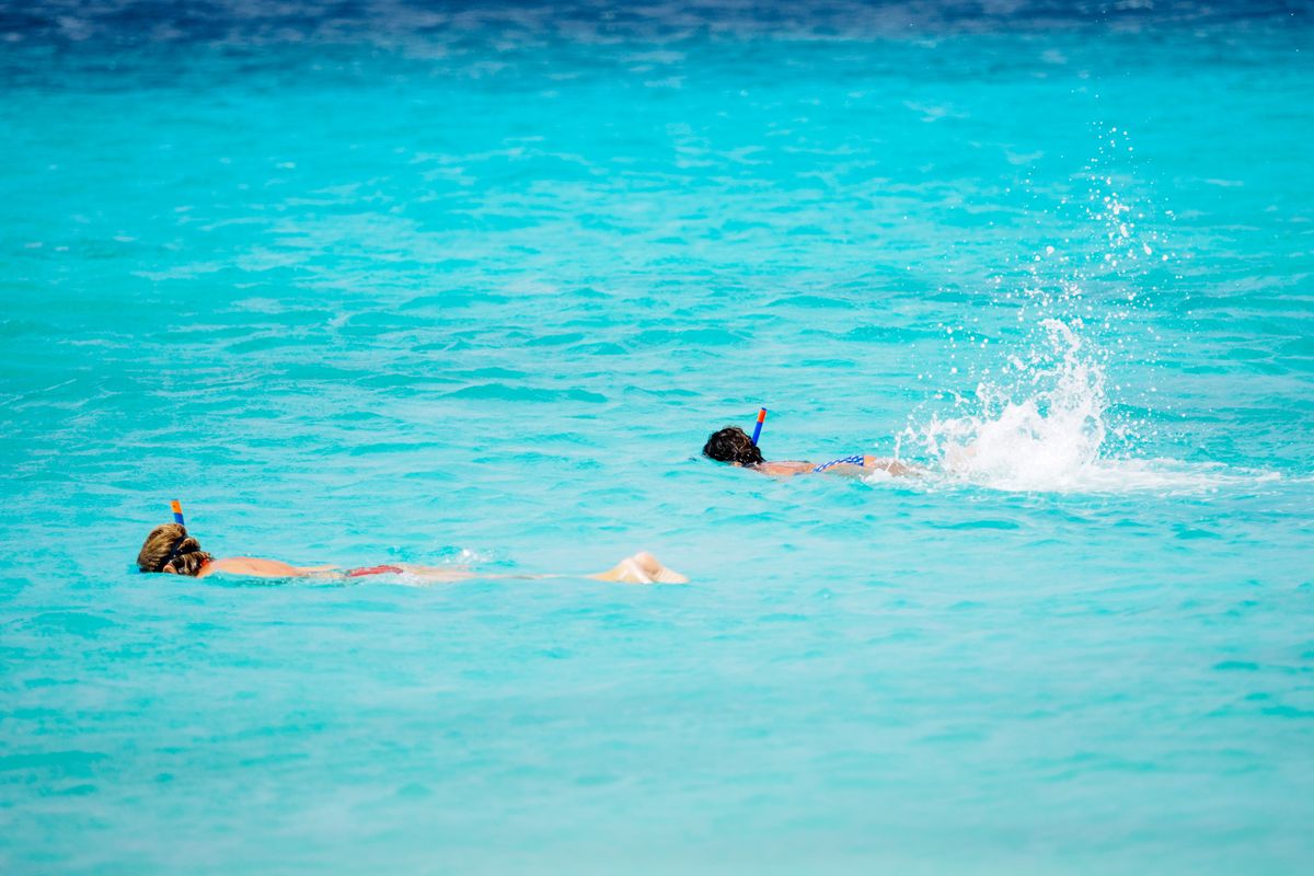 People snorkeling in bright turquoise water