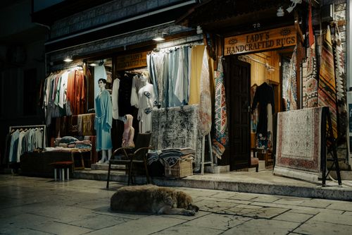 Free A quiet street at night showcasing a sleeping dog in front of a store selling handcrafted carpets and clothes. Stock Photo