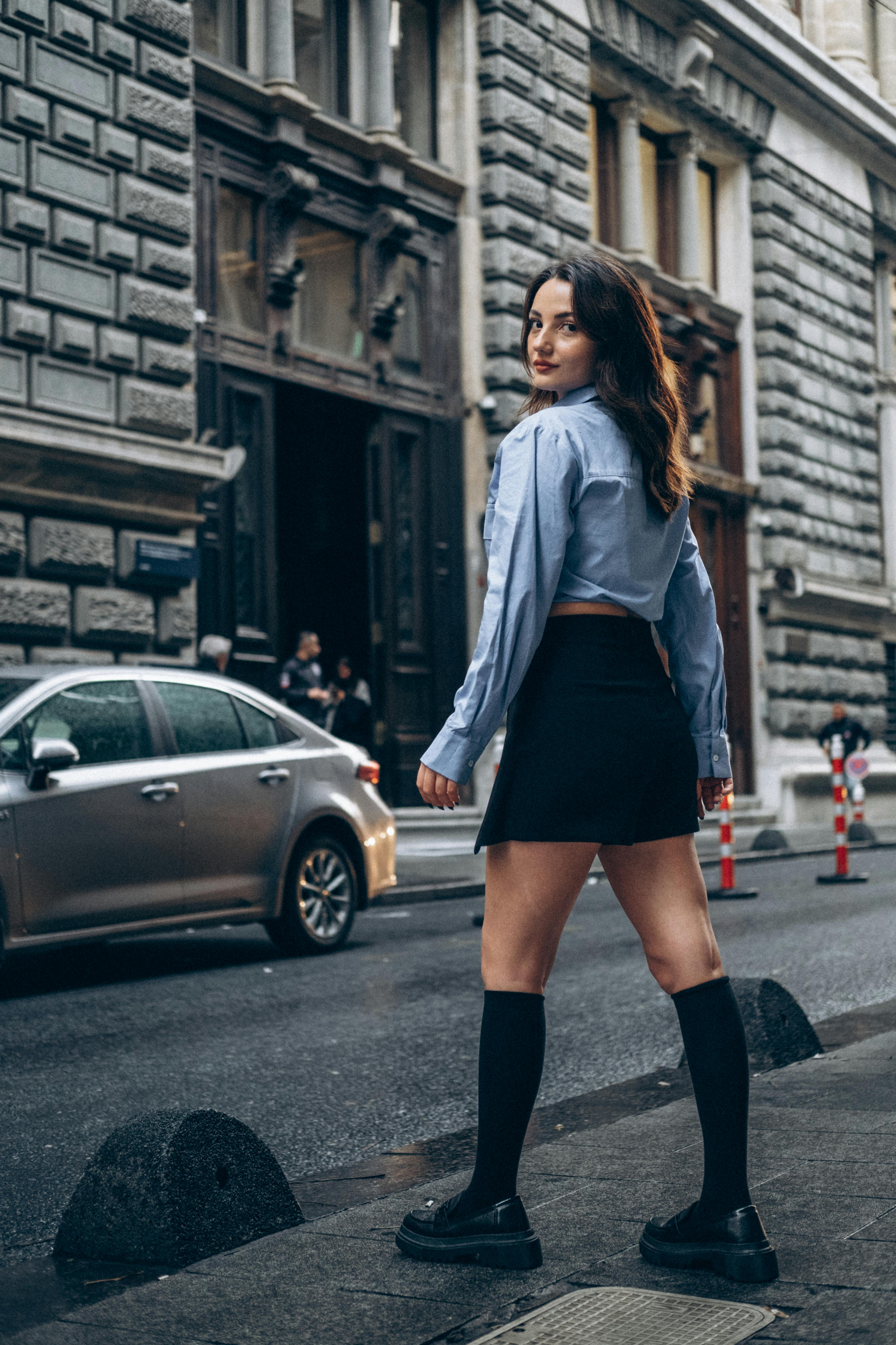 Blue Cropped Shirt Black Pleated Mini Knee Socks Dr. Martens