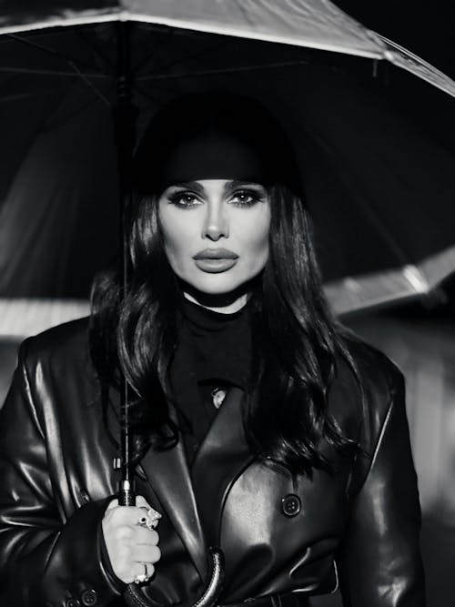 Black and White Portrait of a Model under an Umbrella 