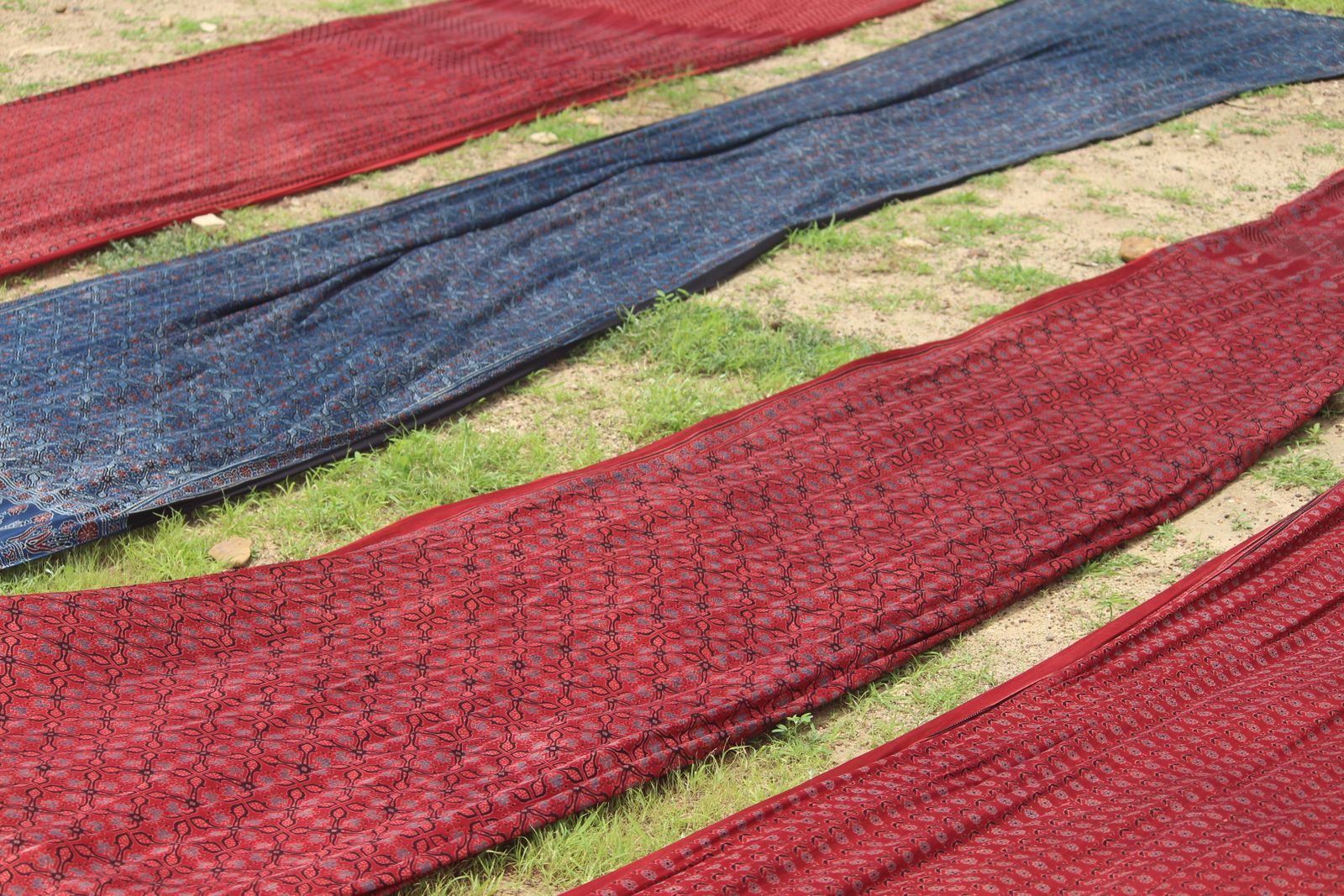 Block-printed Indian fabric with detailed traditional motifs