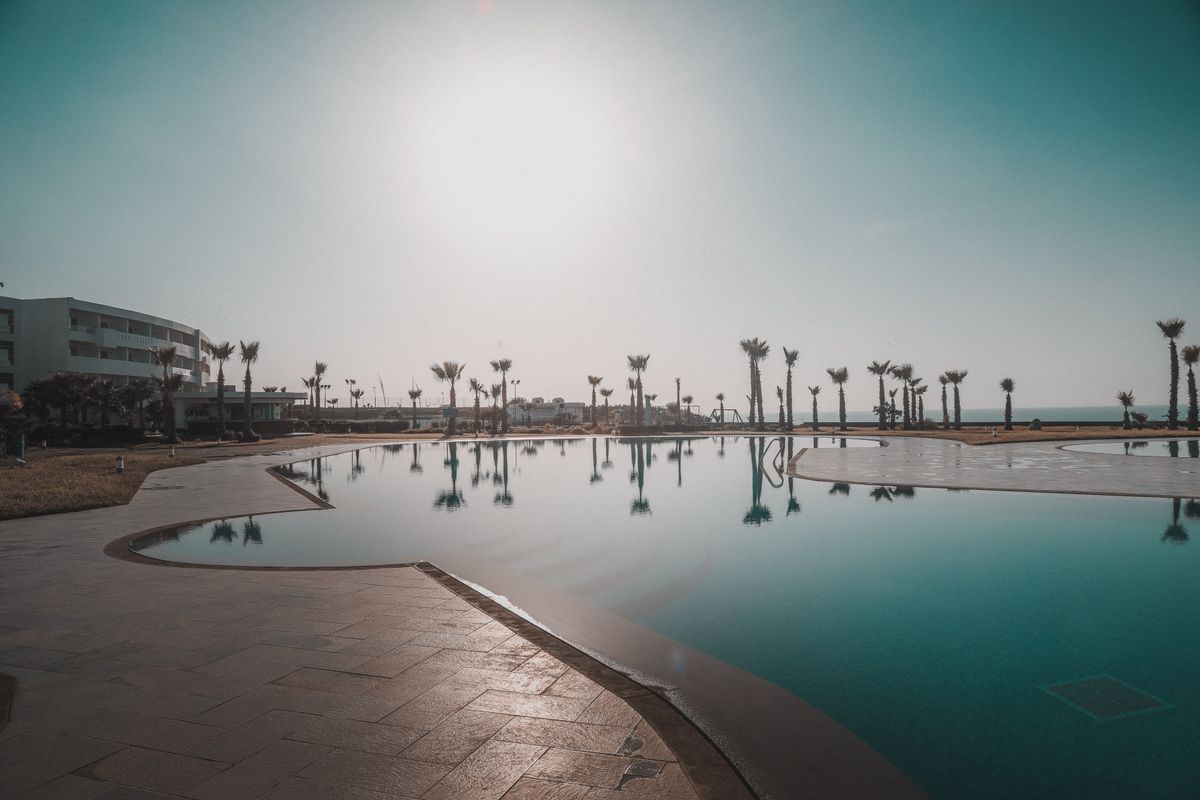 Resort swimming pool with palms at sunset at Ashwamedh Farms
