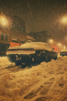 A vintage car covered in snow during a winter snowstorm on Montreal streets at evening.