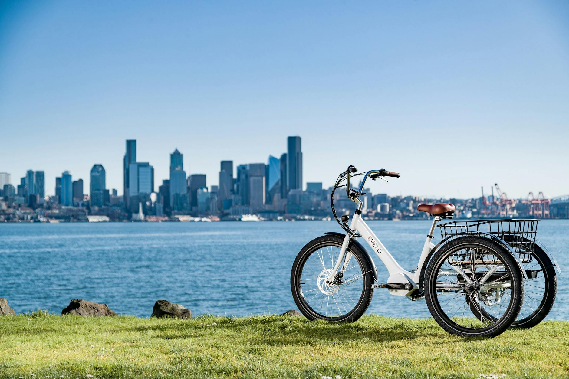 Stylish Evelo electric bike parked by the water with Seattle skyline in the background.
