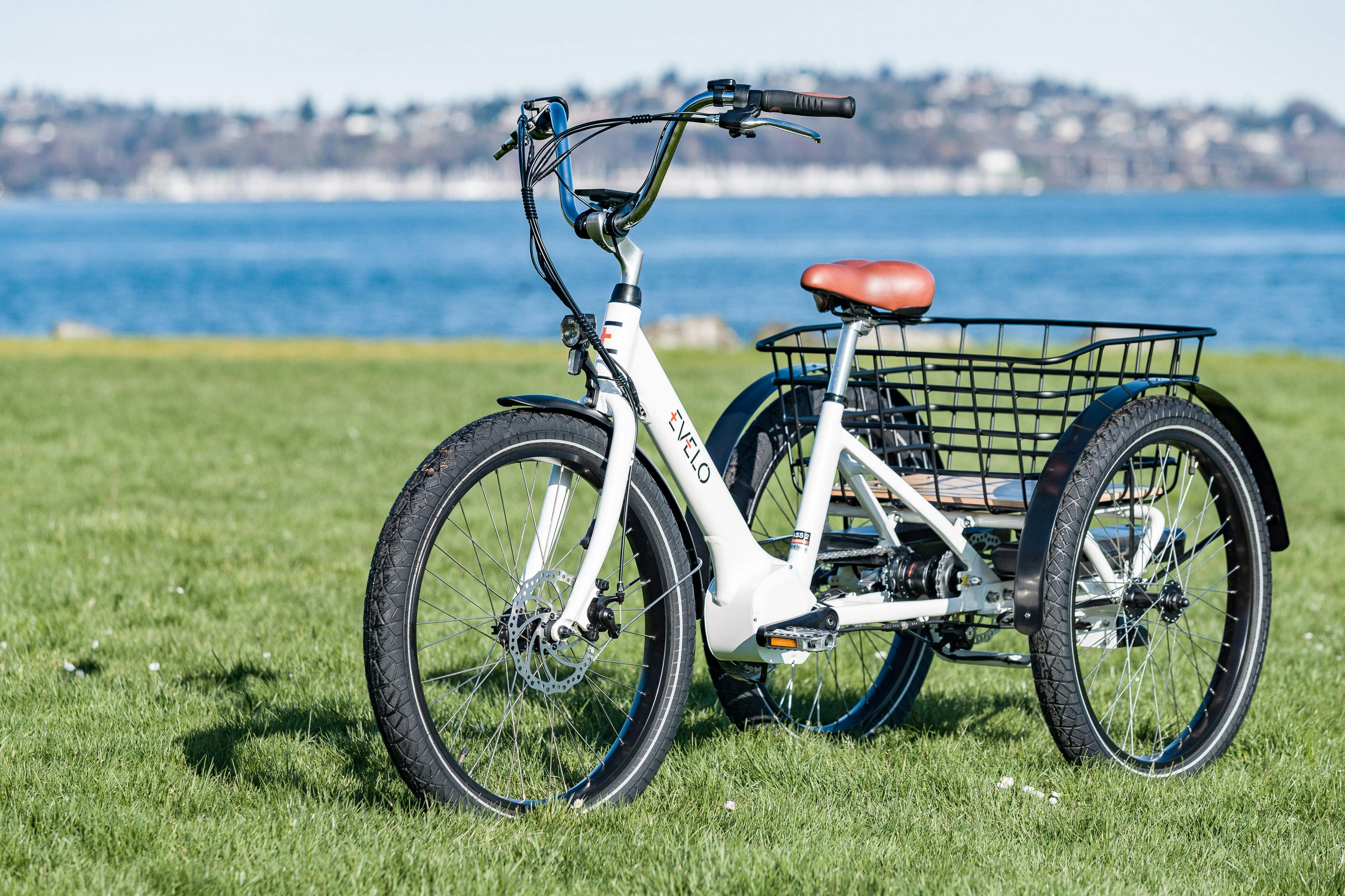 a white bicycle with a basket on the front