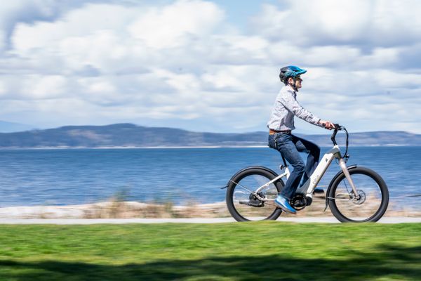 Rider on an electric bike along a grassy seaside path