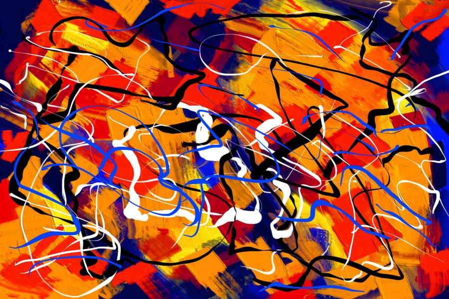 Energetic abstract painting featuring vivid colors and dynamic shapes.
