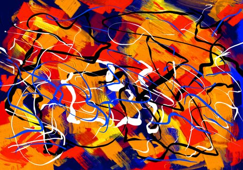 Energetic abstract painting featuring vivid colors and dynamic shapes.