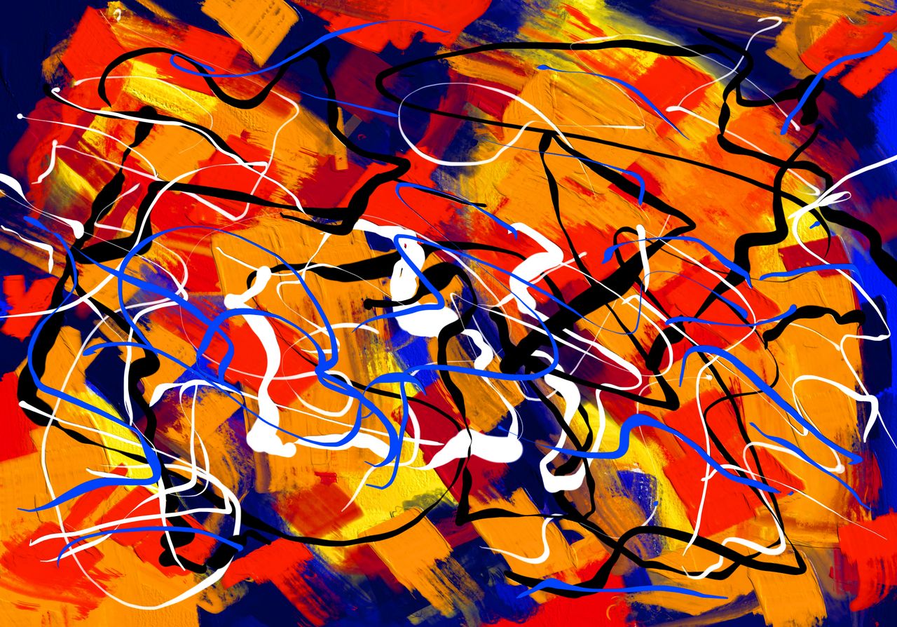 energetic abstract painting featuring vivid colors and dynamic shapes