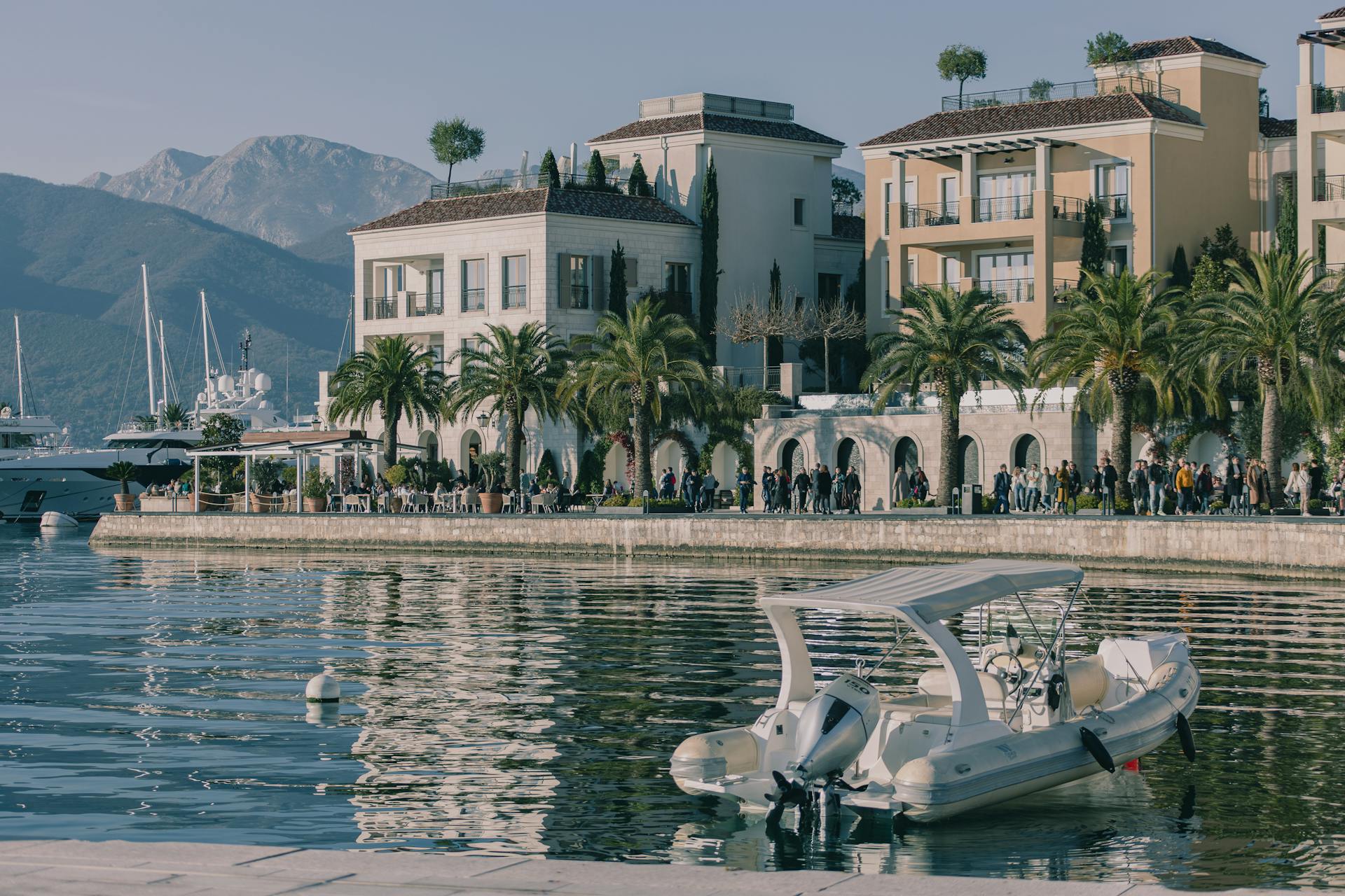 Modern Buildings and Yachts on the Coast of the Bay Porto Montenegro