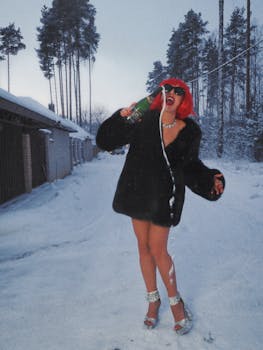 Woman partying with champagne outdoors in winter, exuding fun and happiness.