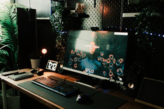 Stylish home office setup with computer, keyboard, notebook, and decorative plants.