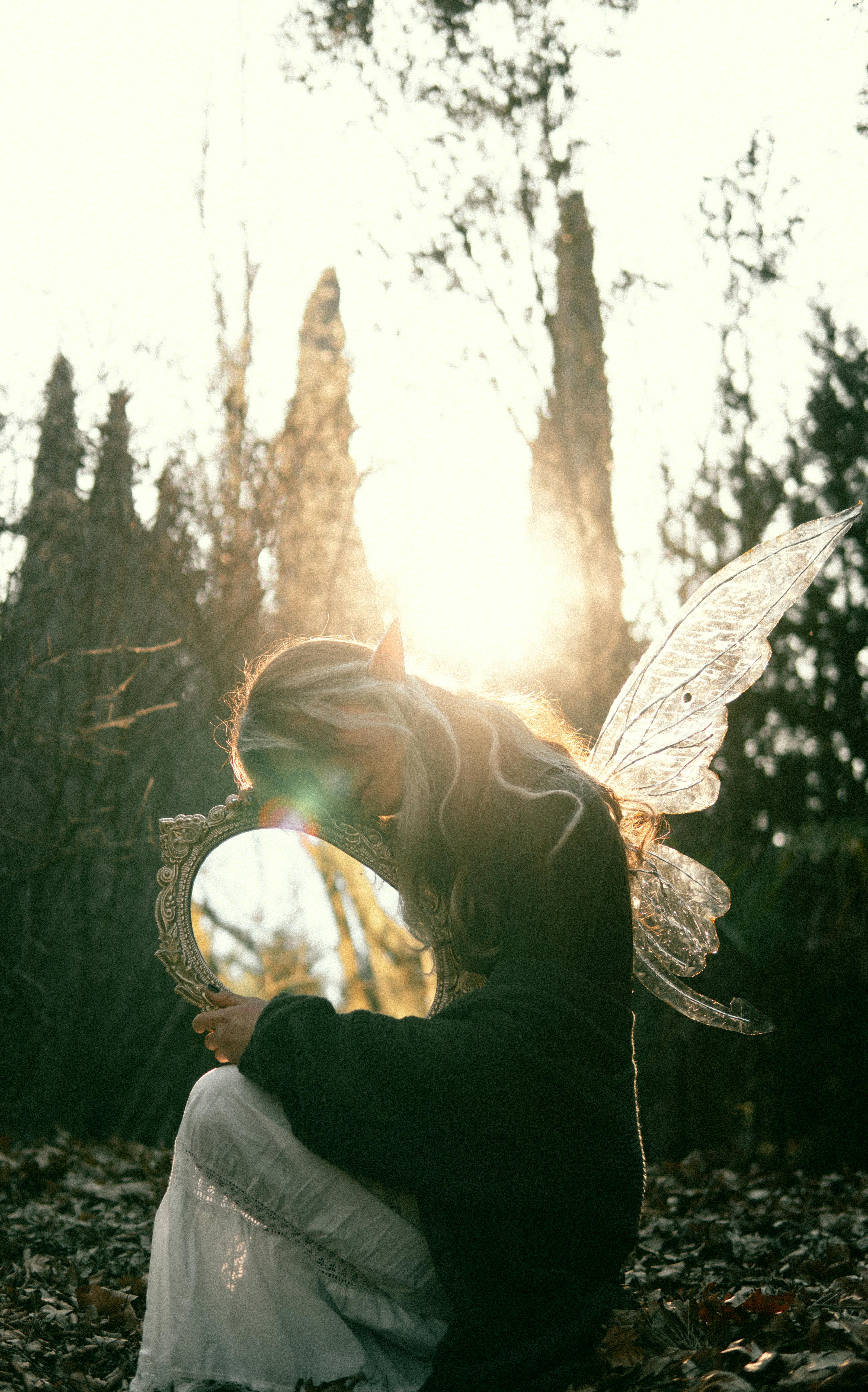 A mystical fairy with wings holds a mirror in an enchanted forest, illuminated by sunrise.