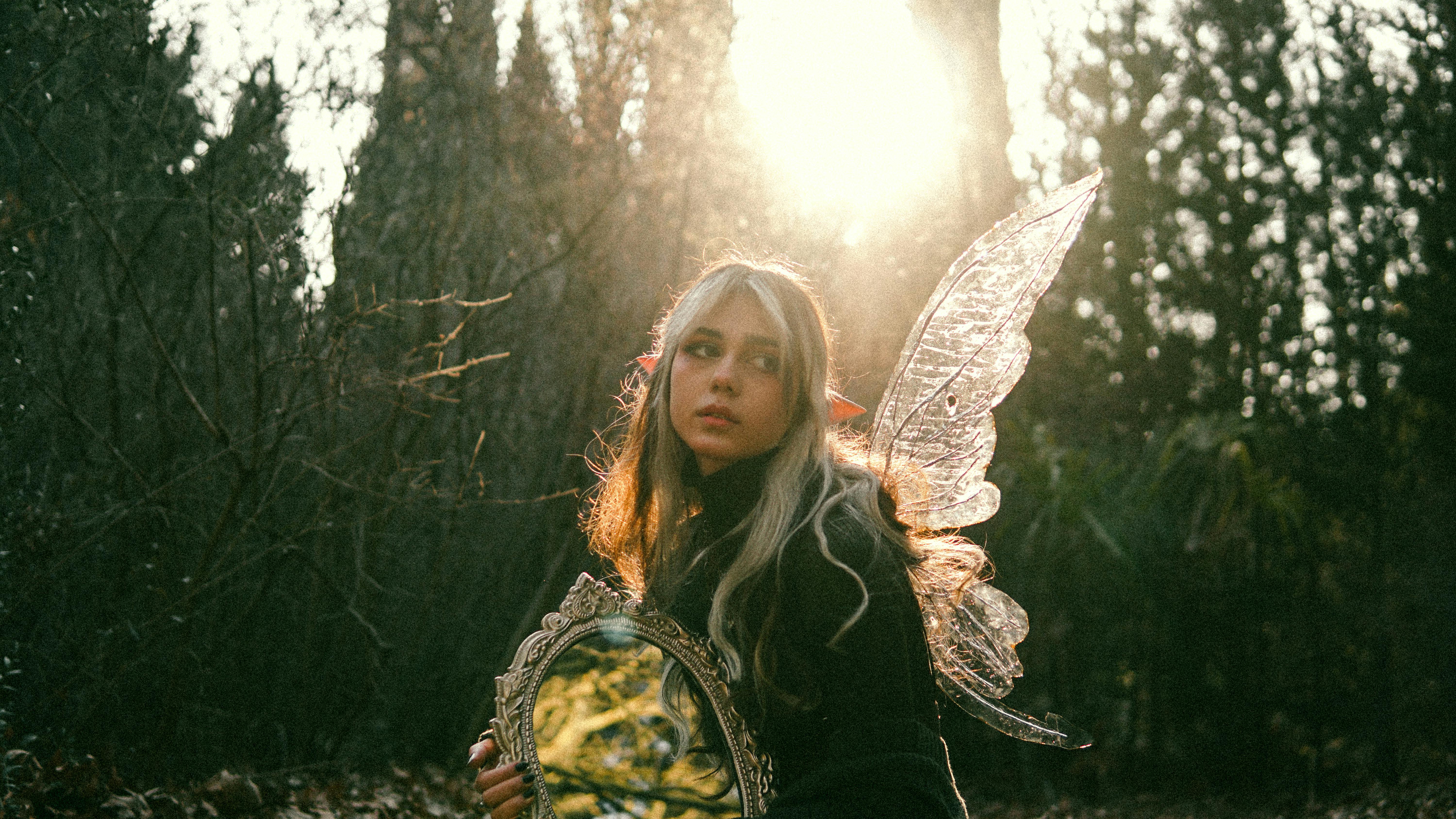 A mystical portrait of a young woman with fairy wings in a sunlit forest.