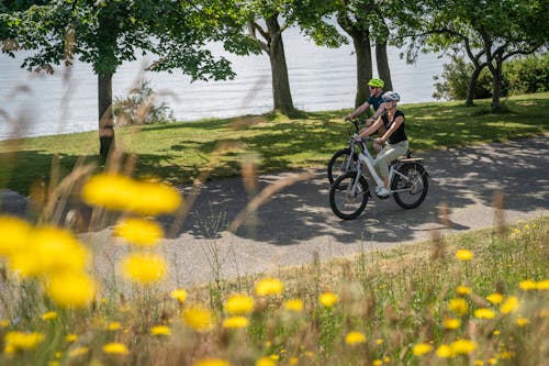 A Couple Wearing Helmets Riding Electric Bikes on Road near  Lake
