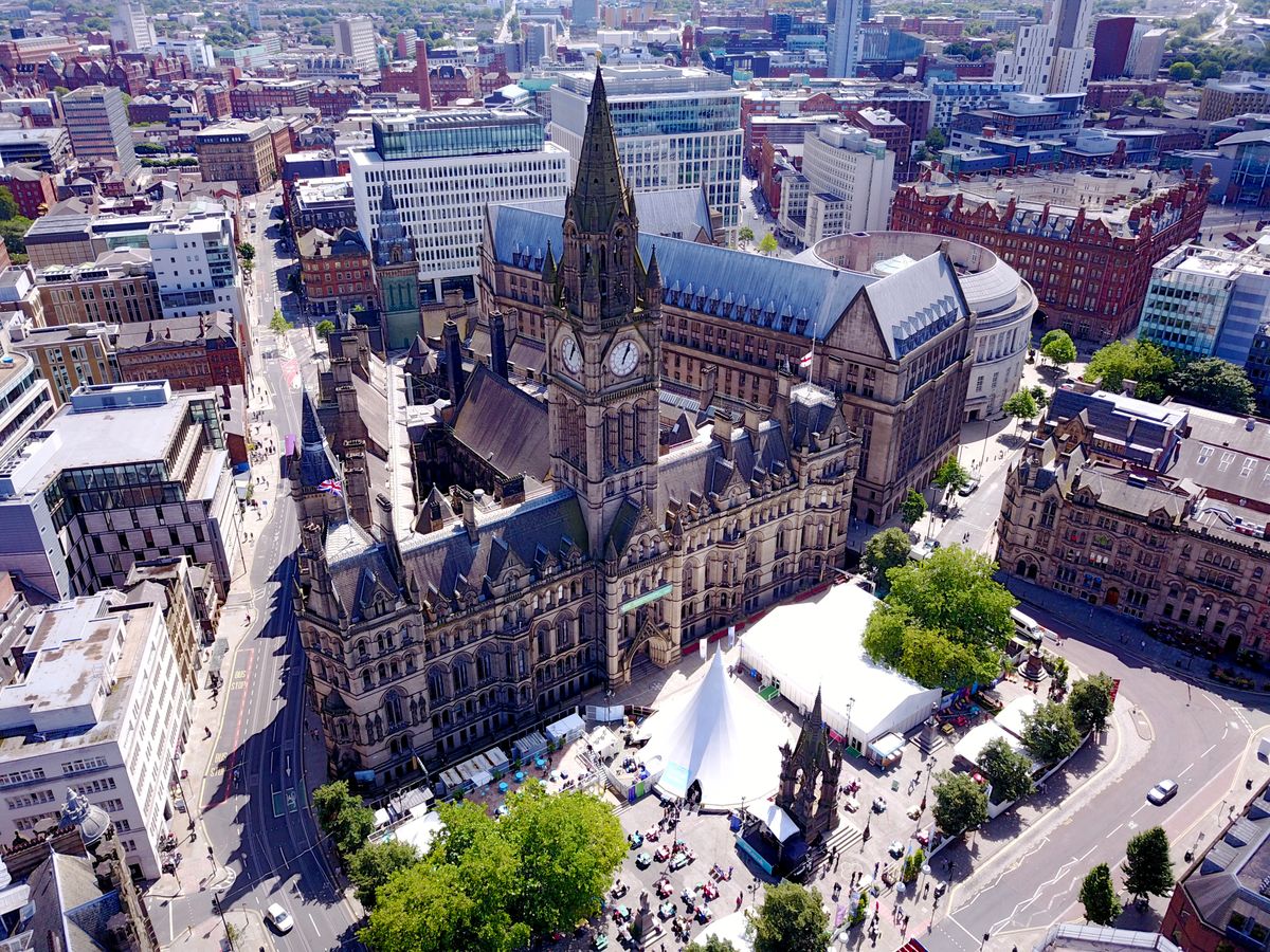 Manchester Town Hall and Albert Square from above