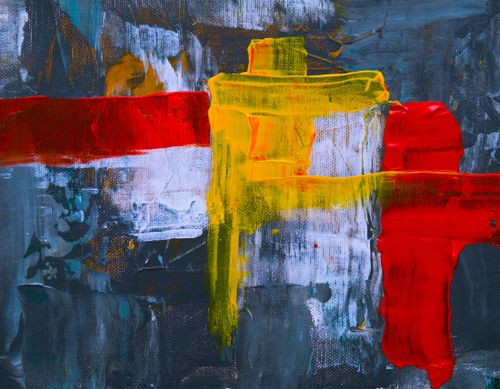Free Vibrant abstract painting with bold red, yellow, and blue strokes on canvas. Stock Photo