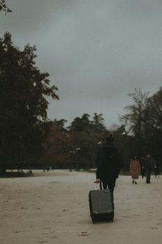 A person walks through a park with a suitcase on a cloudy day, capturing a serene travel moment.