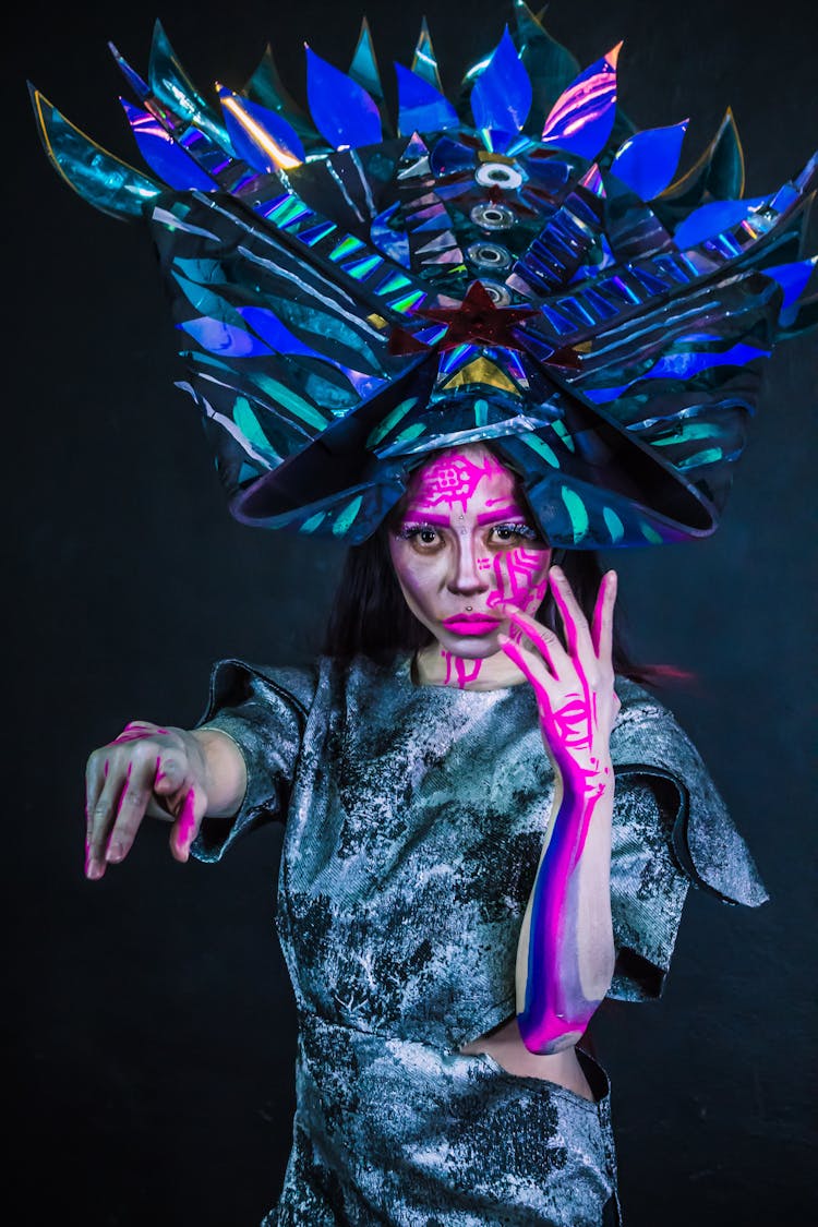 Glamour Model In Carnival Hat And Dress