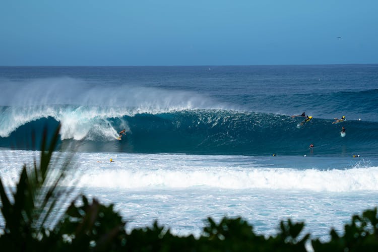 People Surfing On The Ocean Waves